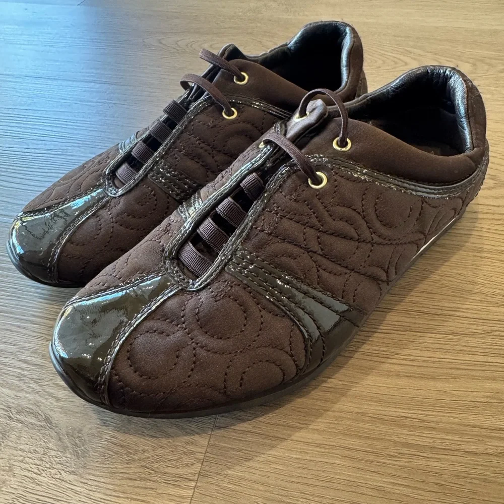Coach Kellee Brown Quilted Satin And Patent Leather Trim Sneakers Women’s Sz 6.5